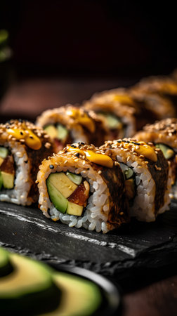 Sushi roll with salmon, avocado and cucumber on a black background.の素材