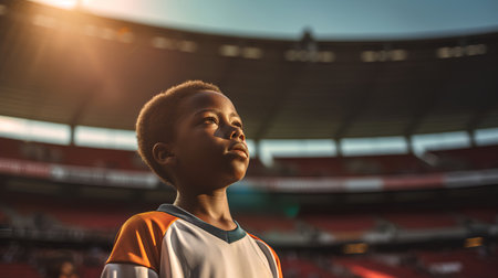Portrait of a boy in a soccer jersey on the background of the stadiumの素材