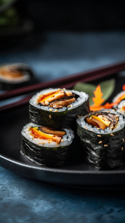 Sushi roll japanese food style on dark blue background.の素材