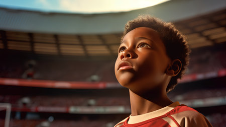 Portrait of cute african american boy looking away against football stadiumの素材
