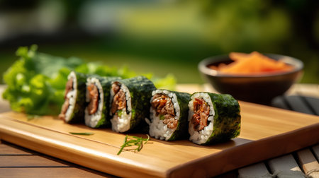 Sushi rolls on a wooden board in the garden. Selective focus.の素材