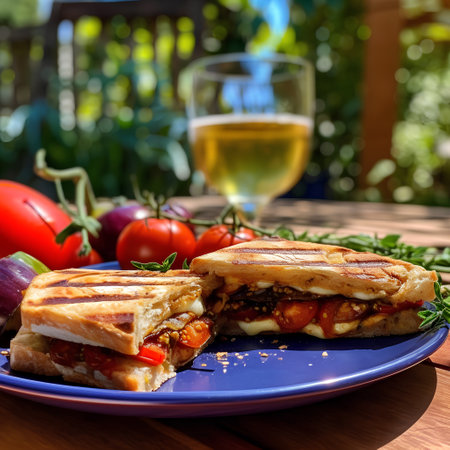 Sandwich with meat and vegetables on a wooden table in the gardenの素材