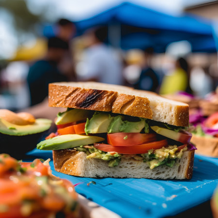Sandwich with avocado, tomato and cucumber on blue board.の素材