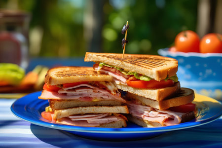 Sandwiches with ham, cheese and tomato on a blue plateの素材