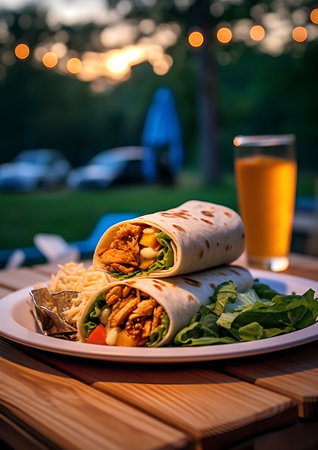 Tortilla wrap with chicken and vegetables on a wooden table outdoorsの素材
