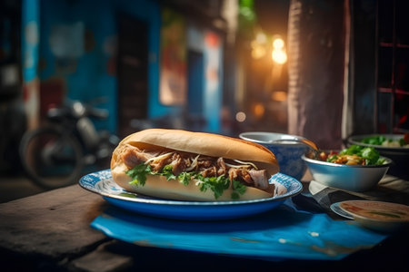 Doner kebab on a blue plate in a restaurant.の素材