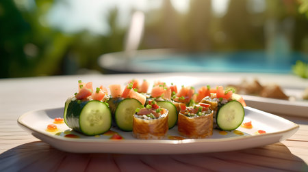 Sushi roll with salmon and cucumber on a white plate.の素材