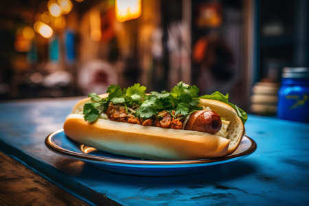 Hot dog with meat and vegetables on a blue plate in a restaurantの素材