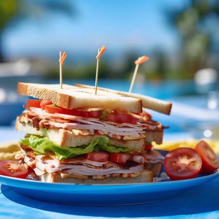 Sandwiches with ham, cheese, tomato and lettuce on a blue backgroundの素材