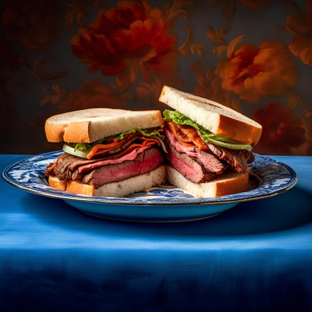 sandwich with roast beef and vegetables on a blue plate on a dark backgroundの素材
