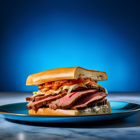 Sandwich with roast beef on a blue plate over blue background.の素材