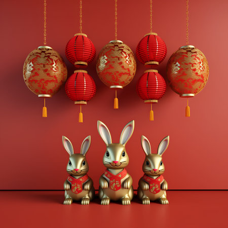 3D rendering of Happy Chinese new year background with rabbit and lanternsの素材