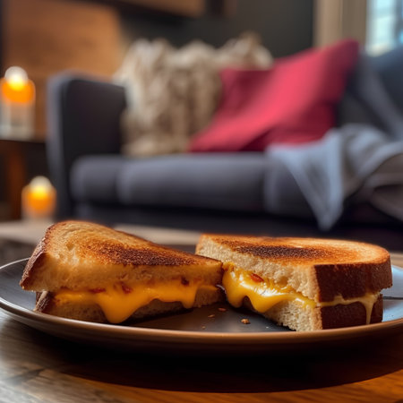 Sandwich with cheese and bacon on a plate in a modern living roomの素材