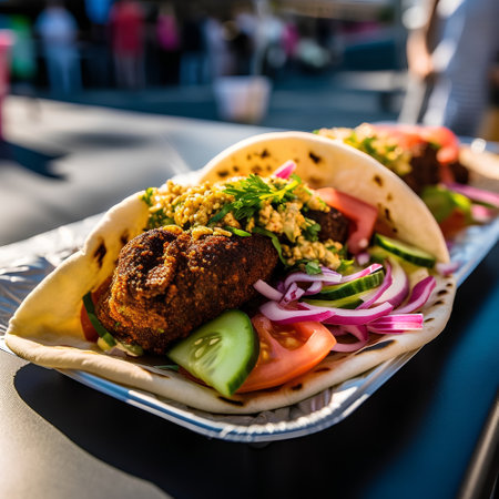 Tacos with falafel and vegetables on a plate.の素材