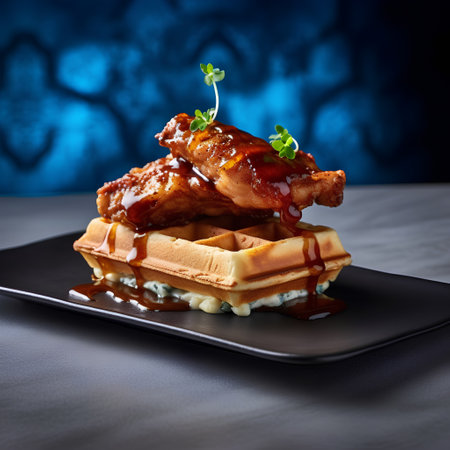 Waffles with chicken and sauce on a black background. Close-upの素材
