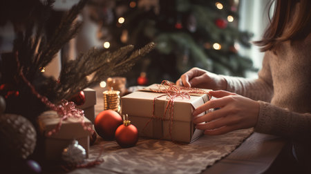 Young woman decorating christmas tree with baubles and presentsの素材