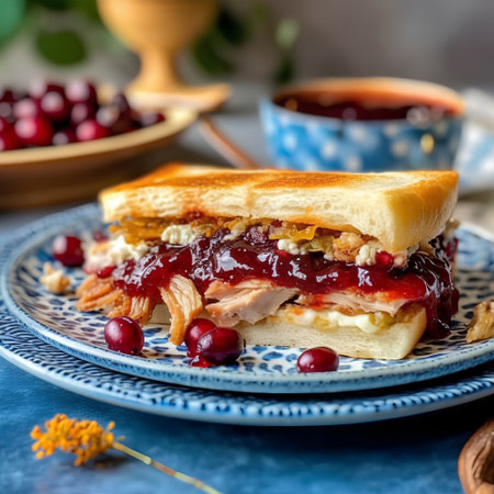 Toasted bread with cranberry jam and chicken breast, selective focusの素材