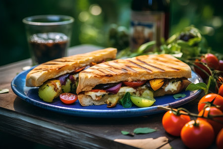 Sandwich with chicken, vegetables and cheese on a wooden table in the garden.の素材
