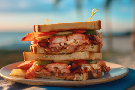 Sandwich with bacon, cheese and vegetables on the beach at sunsetの素材