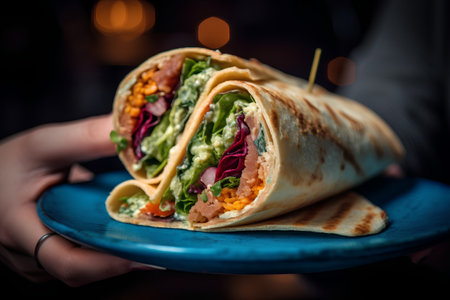 Tortilla wrap with chicken and salad in female hands on a dark backgroundの素材