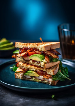 Sandwich with chicken, avocado and spinach on a dark background.の素材