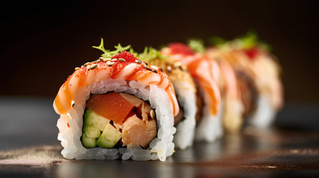Sushi rolls with salmon, cream cheese, cucumber and red caviarの素材