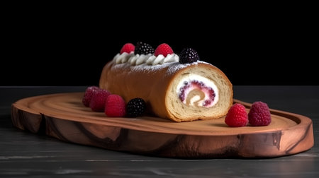 Chocolate roll with cream and fresh raspberries on a black backgroundの素材