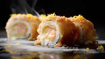 Sushi roll with fried egg and cheese on a black background.の素材