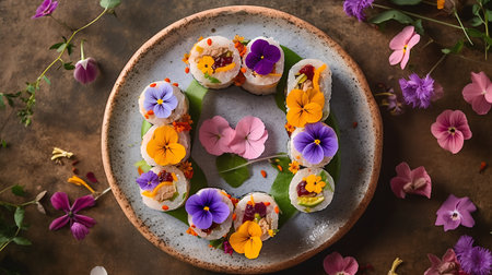 Sushi rolls with edible flowers on a gray plate. Top viewの素材