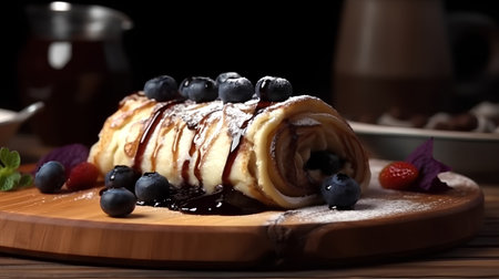 Pancakes with blueberries and chocolate syrup on a wooden boardの素材