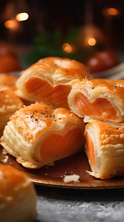 Delicious puff pastry with smoked salmon on table, closeup viewの素材