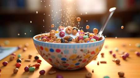 Cereal cereal falling into a bowl. Mixed media. Mixed mediaの素材