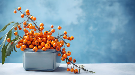 Bunch of sea buckthorn berries on a blue background.の素材