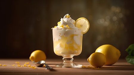 Lemon milkshake with whipped cream and fresh lemons on wooden backgroundの素材