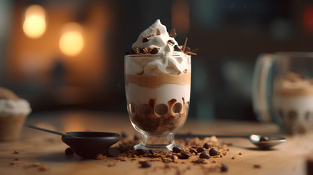 Coffee in a glass with whipped cream and chocolate chips.の素材
