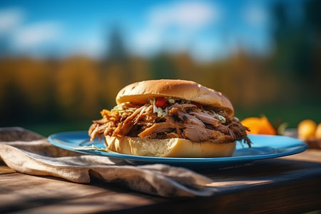 Sandwich with meat and vegetables on a wooden table in the forestの素材