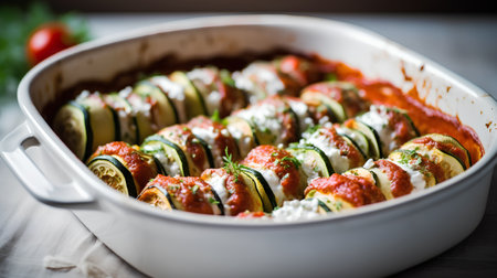 Baked zucchini rolls with feta cheese and cherry tomatoesの素材