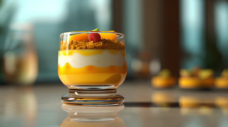Delicious dessert in a glass on the table. 3d renderingの素材