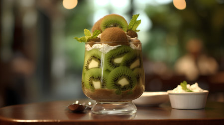 Delicious kiwi dessert in glass on table, closeupの素材