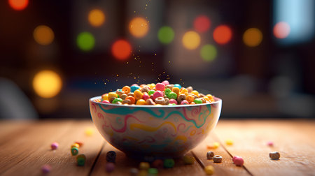 Bowl of colorful cereal balls on wooden table with bokeh backgroundの素材