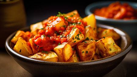Baked potato wedges with tomato sauce and herbs in a bowlの素材