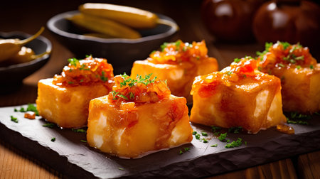 Fried tofu rolls on a wooden background. Selective focus.の素材
