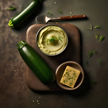 Zucchini puree with dill and bread on dark backgroundの素材