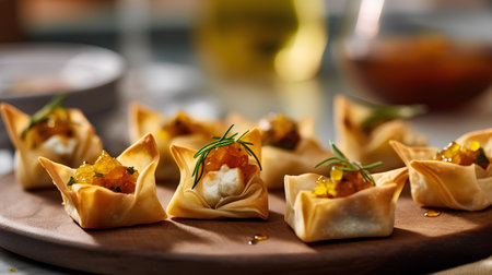 Fried dumplings with salmon caviar, selective focus.の素材
