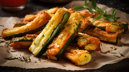Zucchini fried with cheese and herbs on a dark background.の素材