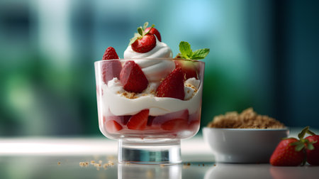 Strawberry dessert with yogurt and granola in a glass on a green backgroundの素材