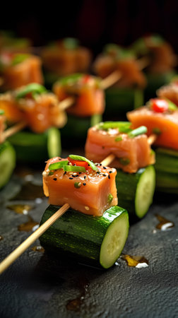 Appetizer with salmon, cucumber and sesame seeds on skewersの素材