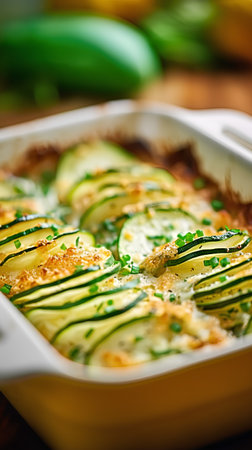 Zucchini baked with cheese and herbs in a baking dish.の素材