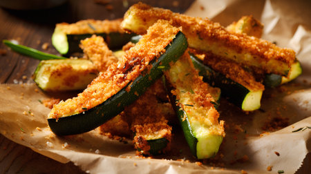 Zucchini fried in breadcrumbs on a baking paper.の素材