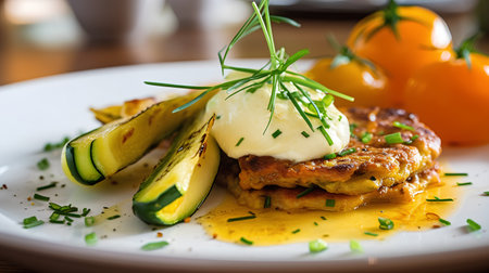 Fried pork chop with zucchini and mashed potatoes on white plateの素材